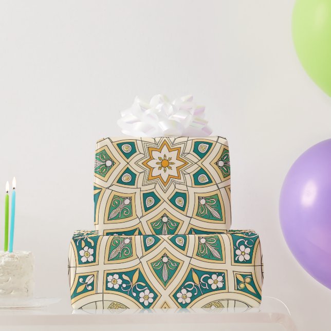 Papel De Presente Florais Elegantes Islâmicas Verde Dourado (Presentes para festas)