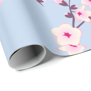 Papel De Presente Florais Flores de Cerejeira Rosa Céu Azul