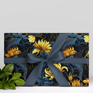 Papel De Presente Florais ouros Azul Escuro Deixa Preto Fundo