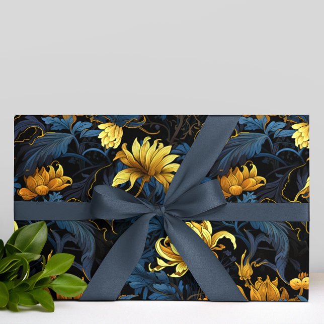 Papel De Presente Florais ouros Azul Escuro Deixa Preto Fundo (Criador carregado)