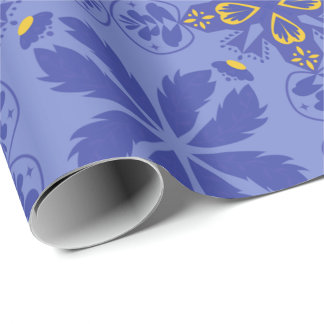 Papel De Presente floral and geometric pattern in gold and blue 