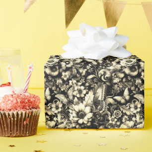 Papel De Presente Floral Antigo Dourado com Borboletas