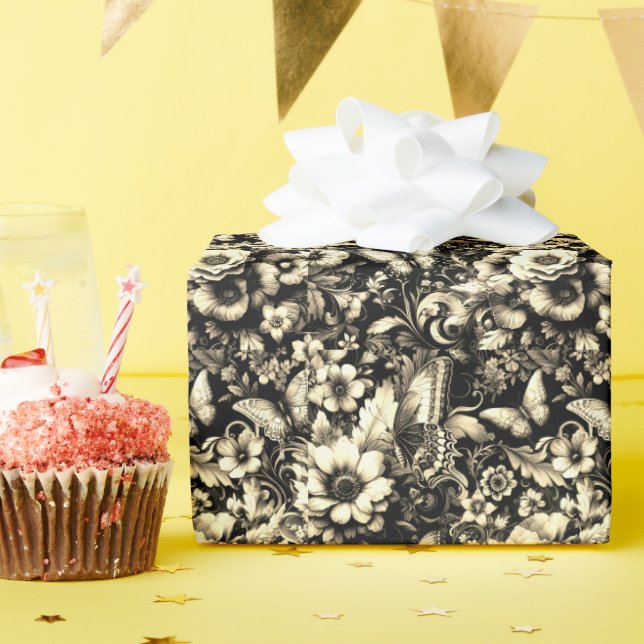 Papel De Presente  Floral Antigo Dourado com Borboletas  (Festa de aniversário)