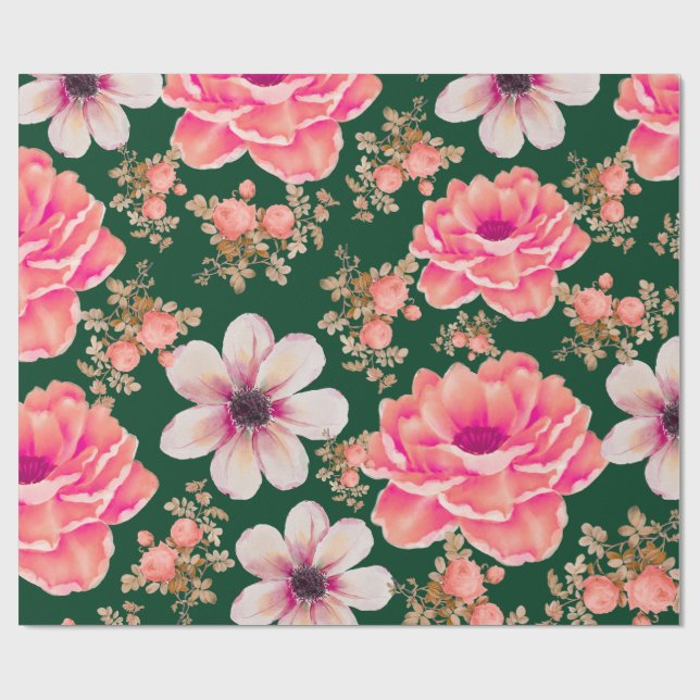 Papel De Presente Floral Aquarela Verde Vermelho (Aberto)