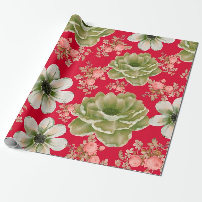 Papel De Presente Floral Aquarela Vermelho Verde (Desenrolado)