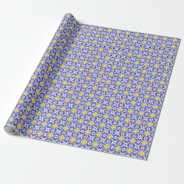 Papel De Presente Floral Azul Azulejo-Mediterrâneo Português