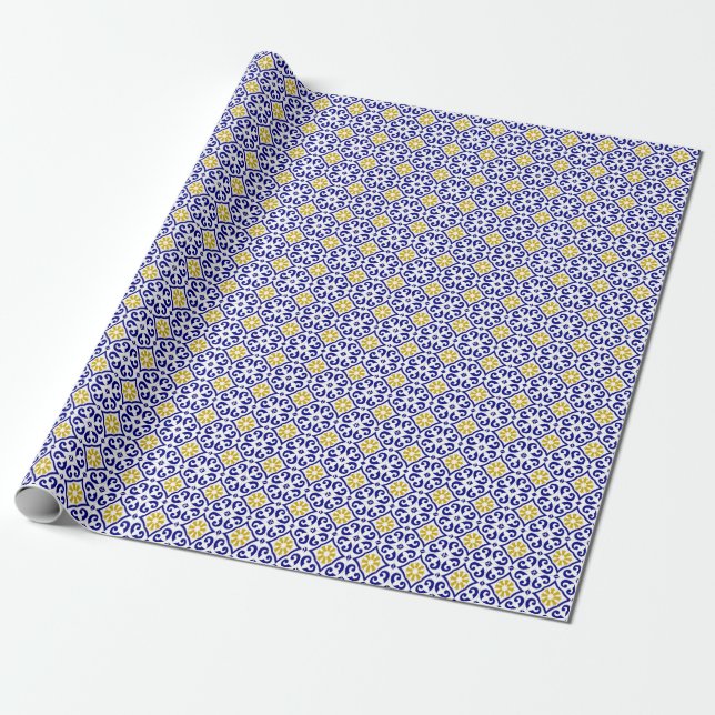 Papel De Presente Floral Azul Azulejo-Mediterrâneo Português (Desenrolado)