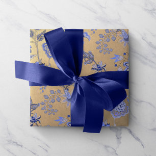 Papel De Presente Floral Azul Dourado Delicado Oriental Dourado Foxi