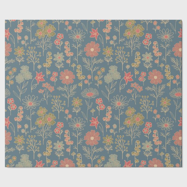 Papel De Presente Floral Azul e Coral Moderno Denim (Barra)
