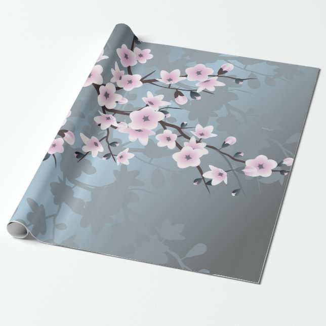 Papel De Presente Floral Azul-Rosa-Cinzento-Cinzento (Desenrolado)