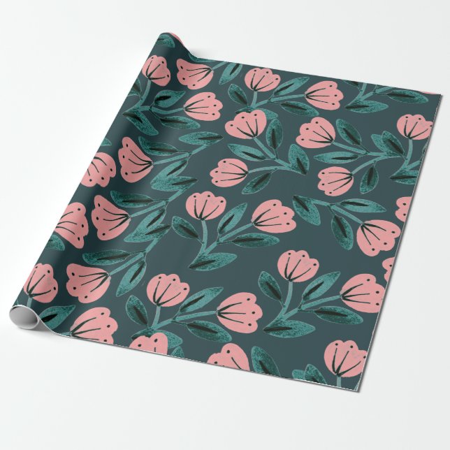 Papel De Presente Floral Azul Turquesa e Rosa (Desenrolado)