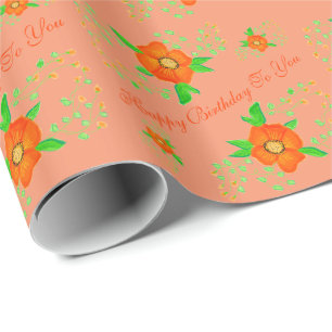 Papel De Presente Floral Birthday, Designer de Laranja, com embrulho