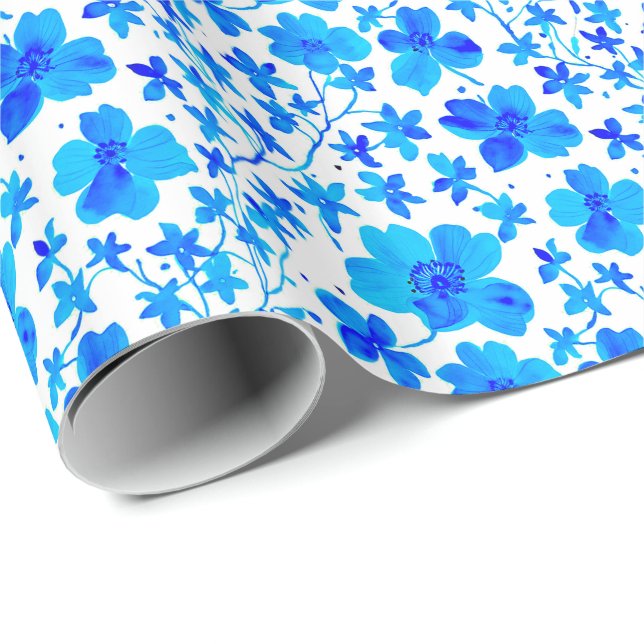 Papel De Presente Floral Botânico em Azul Profundo e Branco (Ponta do rolo)