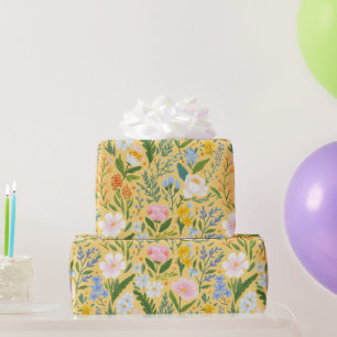 Papel De Presente Floral Botânico Vintage Rosa Amarelo Azul