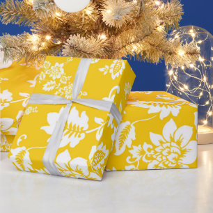 Papel De Presente Floral Branco sobre Primavera Amarelo
