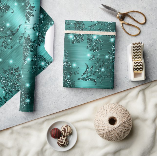 Papel De Presente Floral Brilhante e Glitter em Verde Azul Estiloso (Artesanato)