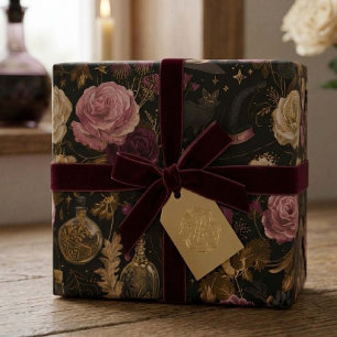 Papel de Presente Floral Bruxa Rosa Halloween
