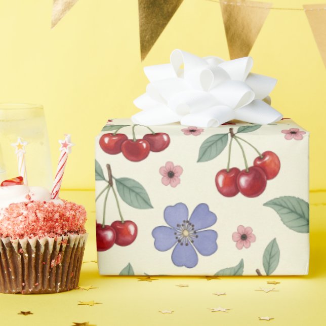 Papel de Presente Floral Cereja em Aquarela (Festa de aniversário)