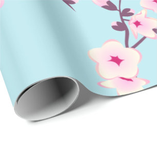 Papel De Presente Floral Cerejeira Brilhante Céu Rosa Azul