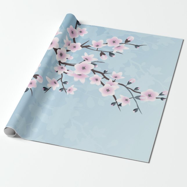 Papel De Presente Floral Cerejeira Brilhante Rosa Pálido Azul Pálido (Desenrolado)