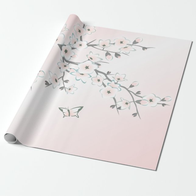 Papel De Presente Floral Cherry Blossom Mint Blush (Desenrolado)