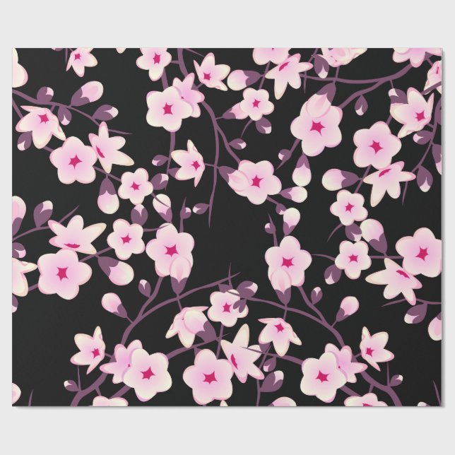 Papel De Presente Floral Cherry Blossomo Rosa Preto (Aberto)