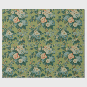 Papel De Presente Floral Chintz Verde Primavera, Rosa Coral