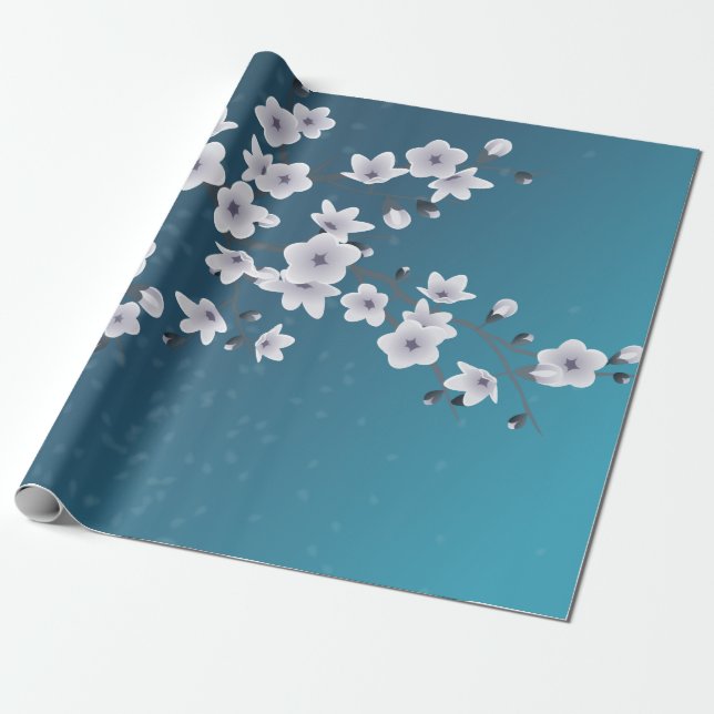 Papel De Presente Floral Dark Blue Cherry Blossoms (Desenrolado)