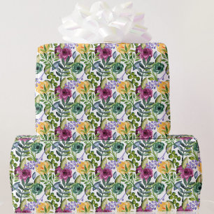 Papel De Presente Floral de Aquarela com Presente Verde Amarelo Púrp