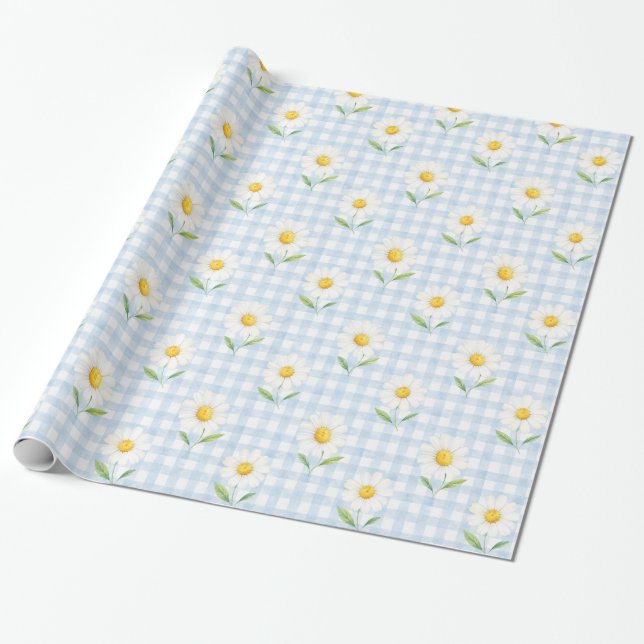 Papel de Presente Floral de Aquarela com Xadrez Az (Desenrolado)