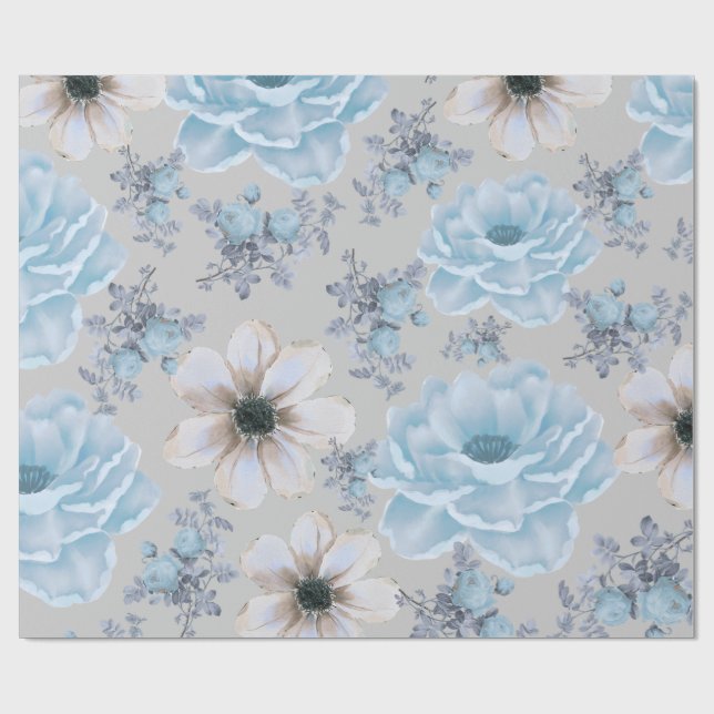Papel De Presente Floral de Aquarela de Prata Azul (Aberto)