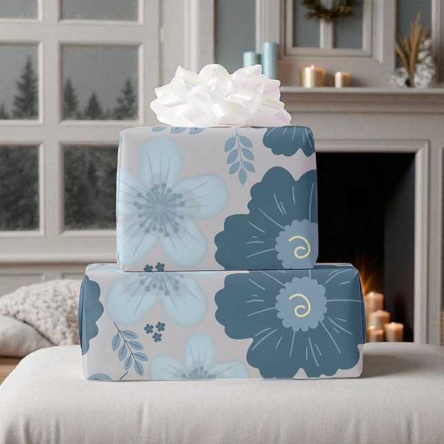 Papel De Presente Floral de Aquarela de Prata Azul (Criador carregado)