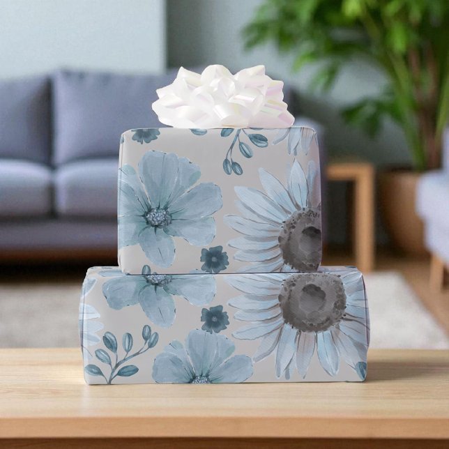 Papel De Presente Floral de Aquarela de Prata Azul (Criador carregado)