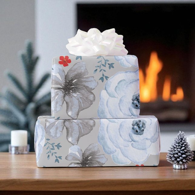 Papel De Presente Floral de Aquarela de Prata Azul (Criador carregado)