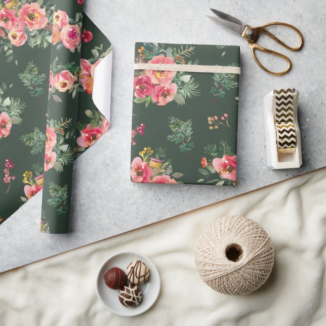 Papel De Presente Floral de Aquarela | Natal Verde Botânico (Artesanato)