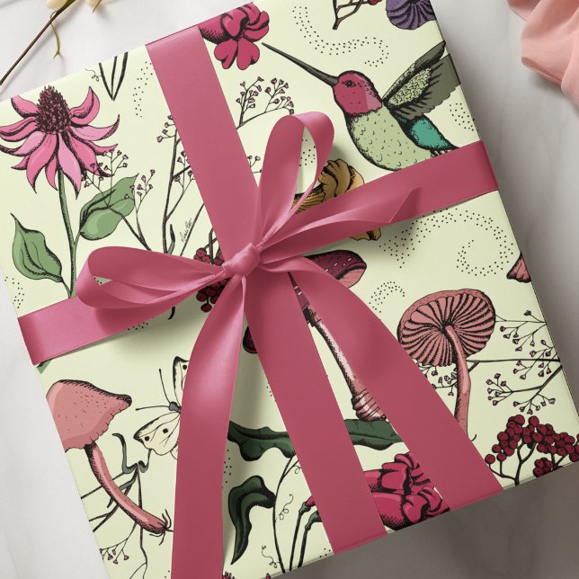 Papel De Presente Floral de beija-flor-Primavera (Vibrant enchanted garden with cute hummingbird, mushrooms, wildflowers and fairy vibe swirls. )