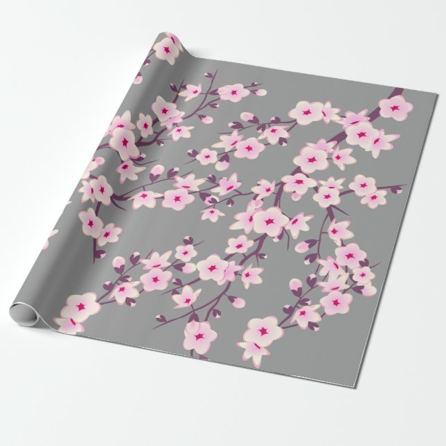 Papel De Presente Floral de Cereja Brilhante Brilhante Cinza Rosa (Desenrolado)