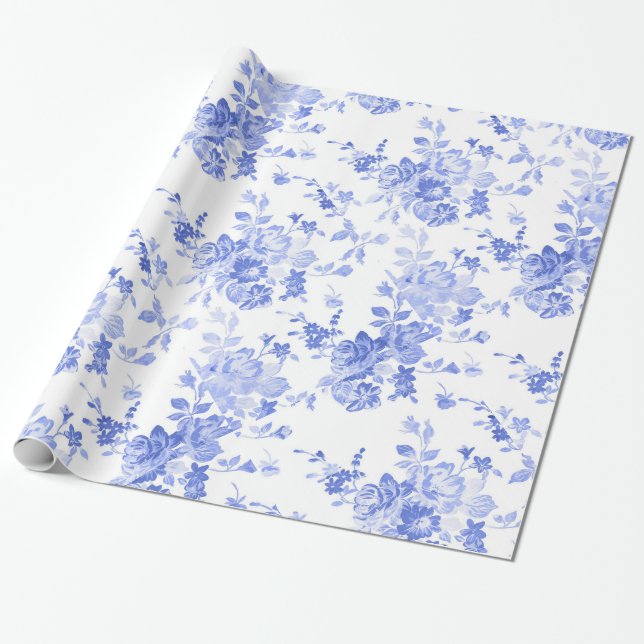 Papel De Presente Floral de Cor de Água Azul (Desenrolado)