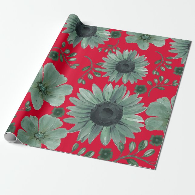 Papel De Presente Floral de Cor Verde Vermelha (Desenrolado)