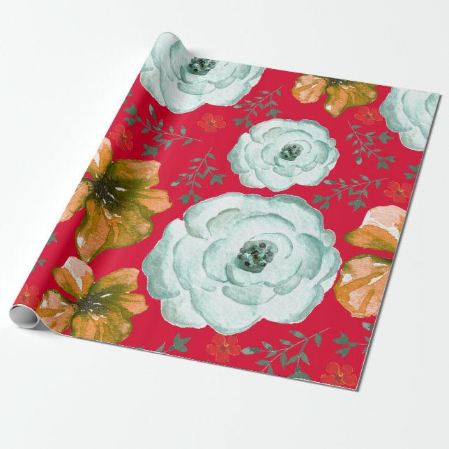 Papel De Presente Floral de Cor Verde Vermelha (Desenrolado)