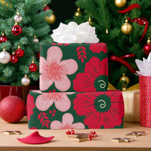 Papel De Presente Floral de Cor Vermelha Verde