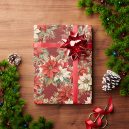 Papel De Presente Floral de inverno Grande Poinsettias Borgonha