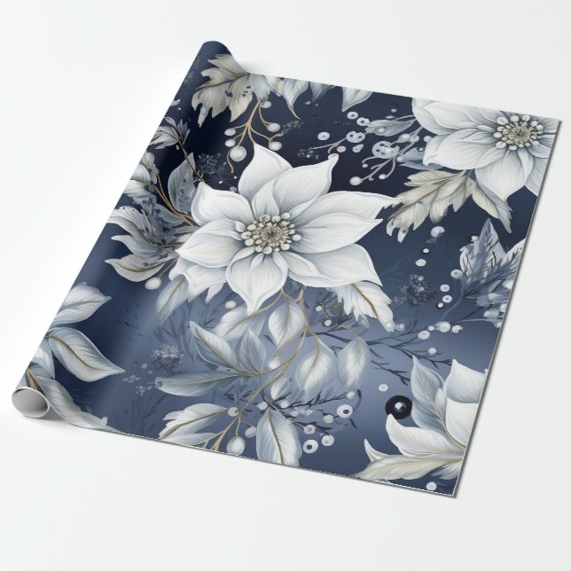 Papel De Presente Floral de Natal Azul (Desenrolado)