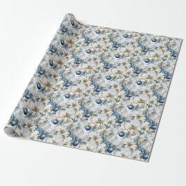 Papel De Presente Floral de Natal Azul Elegante
