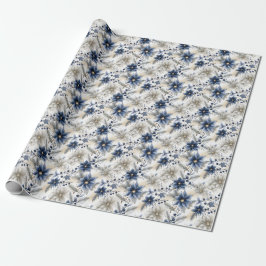 Papel De Presente Floral de Natal Azul Elegante