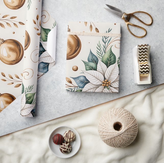 Papel De Presente Floral de Natal Branco Dourado, Moderno e Verde (Artesanato)