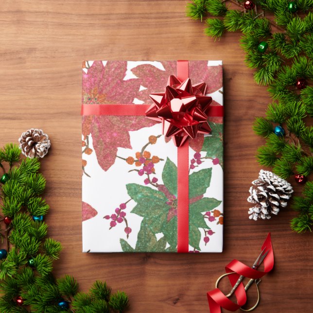 Papel De Presente Floral de Natal com brilho verde-vermelho elegante (Presente de Natal)