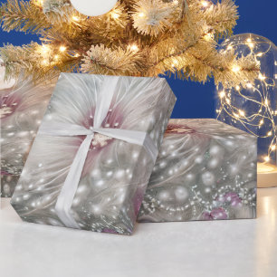 Papel De Presente Floral de Natal de Prata Elegante e Beada Vermelha
