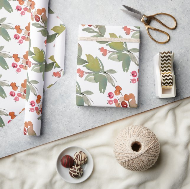 Papel De Presente Floral de Natal do Berry Vermelho com Aquarela Ele (Artesanato)