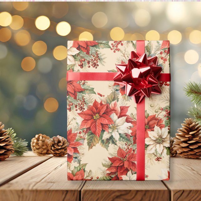Papel De Presente Floral de Natal - Grande Poinsettias Cream (Christmas Floral Winter Large Poinsettias Cream Wrapping Paper)